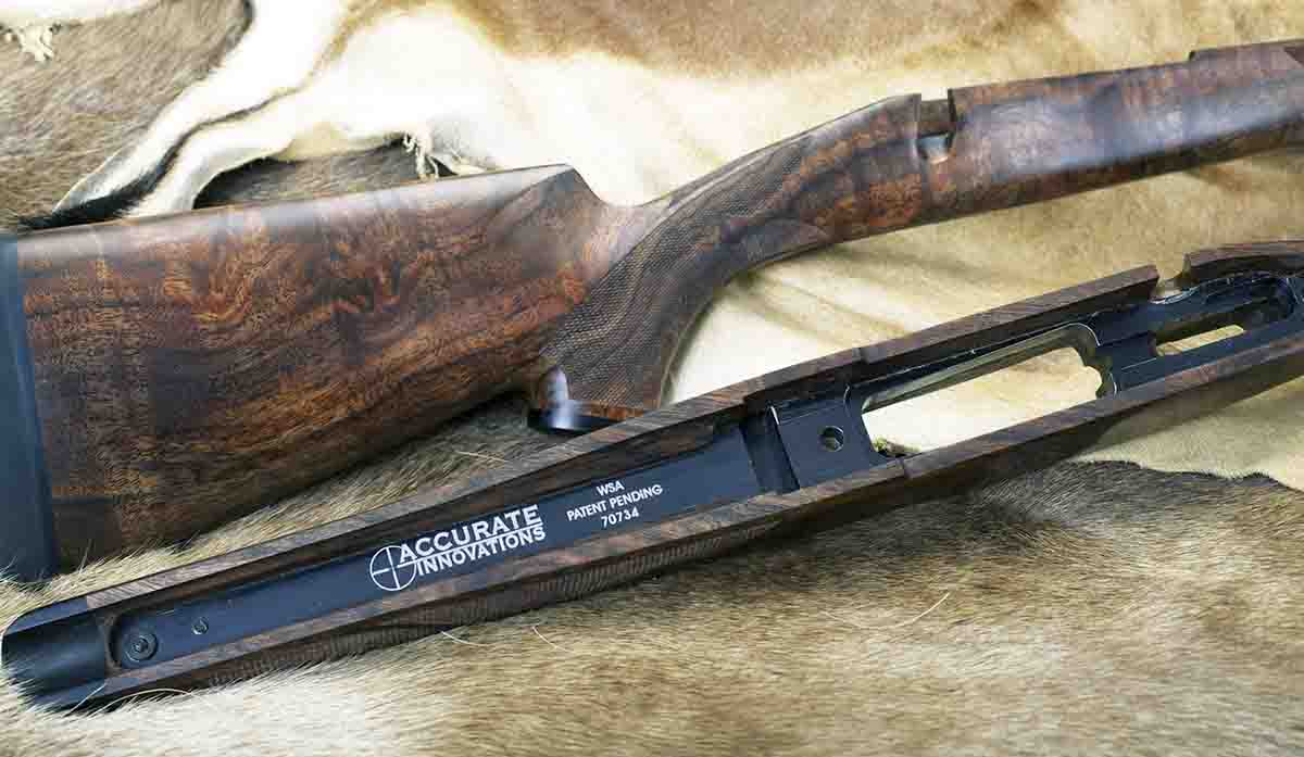 A metal insert running from the tang of the receiver to near the end of the forearm of the Accurate Innovations walnut stock makes it capable of handling the recoil of powerful cartridges.
